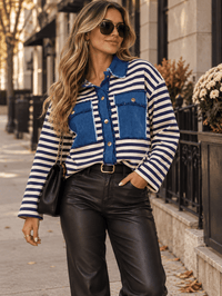 WOMEN'S LONG SLEEVE BUTTON UP FRONT POCKETS DENIM CONTRAST STRIPES SHACKET