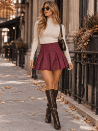 WOMEN'S ELASTIC WAIST PLEATED VELVET FLARE MINI SKIRT
