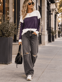 WOMEN'S LONG SLEEVE ANIMAL PRINT COLORBLOCK LOOSE FIT TOP