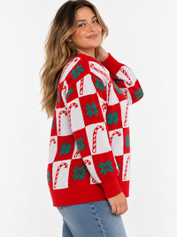 PLUS SIZE LONG SLEEVE HOLIDAY PRINT PULLOVER SWEATER