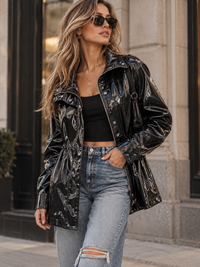 WOMEN'S LONG SLEEVE ZIPPER UP BUTTON CLOSURE PU PLEATHER JACKET
