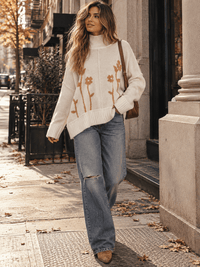 WOMEN'S LONG SLEEVE TURTLE NECK PULLOVER FLORAL PRINT SWEATER