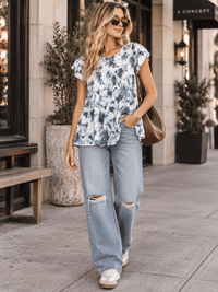 ENTRO WOMEN'S SHORT RUFFLE SLEEVE TIE DYE TUNIC BLOUSE