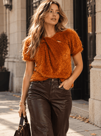 ENTRO WOMEN'S SHORT SLEEVE FRONT CUT OUT FUZZY BLOUSE