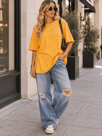 WOMEN'S SHORT SLEEVE HIGH-LOW OVERSIZED WASHED TOP