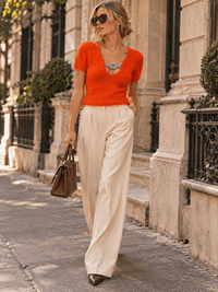 WOMEN'S SHORT SLEEVE V-NECK FUZZY DETAILED TOP