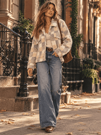 WOMEN'S LONG SLEEVE BUTTON CLOSURE FRONT POCKET PLAID SHERPA JACKET