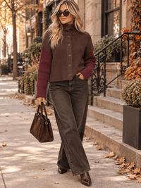 WOMEN'S LONG SLEEVE BUTTON UP TURTLE NECK RIBBED COLORBLOCK SWEATER