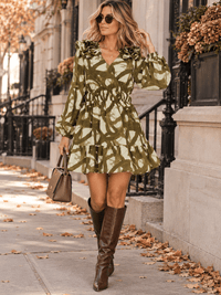 ENTRO WOMEN'S LONG SLEEVE SURPLICE SMOCK WAIST PRINT MINI DRESS