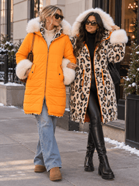 WOMEN'S LONG SLEEVE ZIP UP FRONT POCKETS REMOVABLE HOODIE & FAUX FUR REVERSIBLE ANIMAL PRINT SHERPA PUFFER COAT