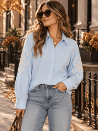 WOMEN'S LONG SLEEVE BUTTON UP EMBROIDERY DETAILED BLOUSE