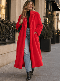 WOMEN'S LONG SLEEVE BUTTON CLOSURE FRONT POCKETS FAUX FUR TRENCH COAT