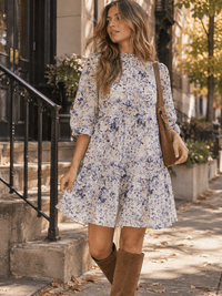 WOMEN'S SHORT SLEEVE SMOCK TUNIC FLORAL PRINT MINI DRESS