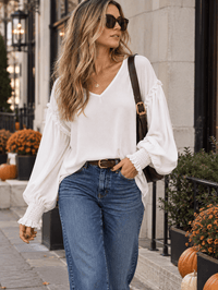 WOMEN'S LONG SLEEVE V-NECK TRIM DETAILED BLOUSE
