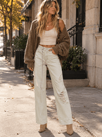 WOMEN'S BUTTON CLOSURE POCKETS WIDE LEG WASHED DISTRESS DENIM PANTS