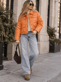 WOMEN'S LONG SLEEVE BUTTON CLOSURE FRONT POCKETS PUFFER JACKET