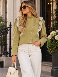 WOMEN'S LONG SLEEVE BUTTON UP RUFFLE EMBROIDERY DETAILED JACKET