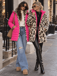 WOMEN'S LONG SLEEVE ZIP UP FRONT POCKETS REMOVABLE HOODIE REVERSIBLE ANIMAL PRINT SHERPA PUFFER COAT
