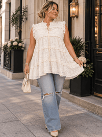 PLUS SIZE SLEEVELESS V-NECK TIERED LACE TUNIC MINI DRESS