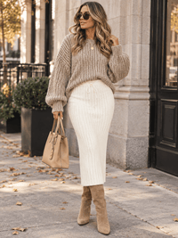WOMEN'S ELASTIC WAIST SELF TIE RIBBED MAXI SKIRT