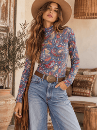 ENTRO WOMEN'S LONG SLEEVE TURTLE NECK PAISLEY PRINT BODYSUIT