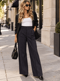 WOMEN'S BUTTON CLOSURE POCKETS STRIPES WIDE LEG PANTS