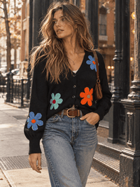WOMEN'S LONG SLEEVE V-NECK BUTTON UP CROCHET FLOWERS SWEATER