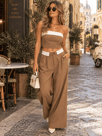 WOMEN'S SLEEVELESS CROP TOP & BUTTON CLOSURE WIDE LEG PANTS 2PC.SET