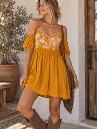 WOMEN'S SLEEVELESS OFF SHOULDER EMBROIDERY FLORAL PRINT MINI DRESS