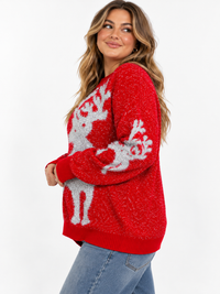 PLUS SIZE LONG SLEEVE HOLIDAY PRINT SHIMMER PULLOVER SWEATER