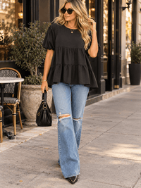 ENTRO WOMEN'S SHORT SLEEVE TIERED TUNIC LOOSE FIT SOLID TOP