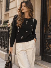 WOMEN'S LONG SLEEVE RHINESTONE DETAILED PULLOVER SWEATER