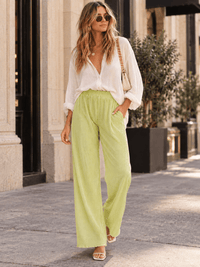 WOMEN'S ELASTIC WAIST FRONT POCKETS WIDE LEG PLEATED PANTS