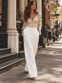 WOMEN'S BUTTON CLOSURE ELASTIC WAIST FRONT POCKETS WIDE LEG PANTS