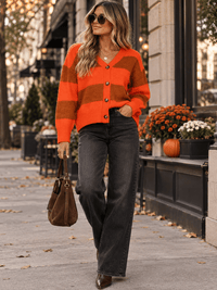 WOMEN'S LONG SLEEVE V-NECK BUTTON UP COLORBLOCK STRIPES SWEATER