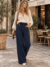 WOMEN'S BUTTON CLOSURE CROCHET WAIST FRONT POCKETS WIDE LEG PANTS