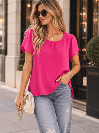 WOMEN'S SHORT SLEEVE HIGH-LOW DETAILED BLOUSE