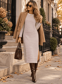 WOMEN'S LONG SLEEVE SIDE SLIT COLORBLOCK STRIPES MAXI DRESS