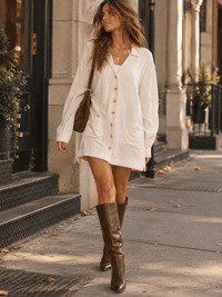 WOMEN'S LONG SLEEVE V-NECK BUTTON UP FRONT POCKETS LINEN MINI DRESS