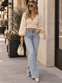ENTRO WOMEN'S LONG SLEEVE SURPLICE SMOCK WAIST FLORAL PRINT BLOUSE