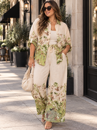 PLUS SIZE 3/4 SLEEVE BUTTON UP BLOUSE & ELASTIC WAIST WIDE LEG PANTS FLORAL 2PC. SET