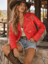 WOMEN'S LONG SLEEVE ZIP UP FRONT POCKETS STUD FRINGE PU PLEATHER JACKET