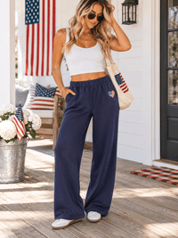 WOMEN'S ELASTIC WAIST FRONT POCKETS USA FLAG EMBROIDERY WIDE LEG PANTS