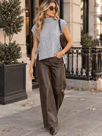 WOMEN'S SLEEVELESS TURTLE NECK CABLE KNIT SWEATER TOP