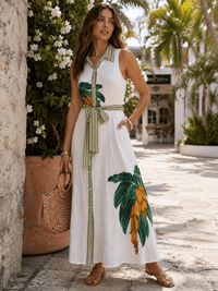 WOMEN'S SLEEVELESS BUTTON UP SELF TIE LEAF PRINT MAXI DRESS