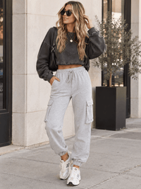 WOMEN'S ELASTIC WAIST SELF TIE CARGO POCKETS JOGGER PANTS