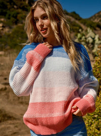 WOMEN'S LONG SLEEVE COLORBLOCK STRIPES PULLOVER SWEATER