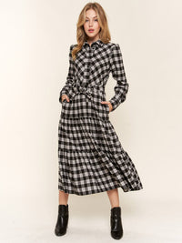 WOMEN'S LONG SLEEVE BUTTON UP POCKETS SELF TIE TIERED PLAID MAXI DRESS