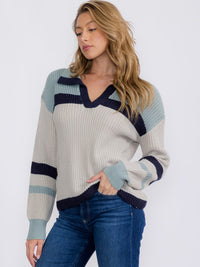 WOMEN'S LONG SLEEVE V-NECK KNIT COLORBLOCK PULLOVER SWEATER