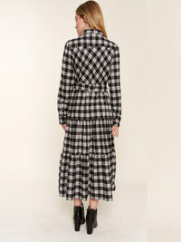 WOMEN'S LONG SLEEVE BUTTON UP POCKETS SELF TIE TIERED PLAID MAXI DRESS